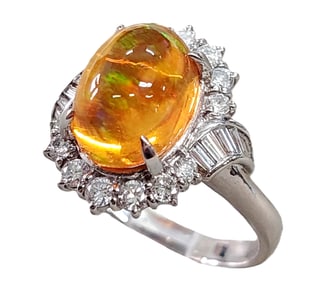4.44ct Natural Orange Fire Opal 0.75ct Fine Clean Diamond Platinum Ladies Fancy Halo Ring