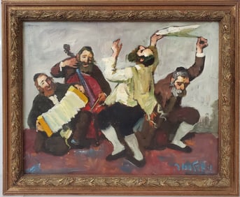 Adolf Adler Signed Klezmer Jews Dancing Oil Painting Jewish Judaica Israeli Benefits Temple Beth Am