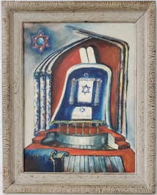 WPA Era Synagogue Bimah Torah Altar Interior Oil Painting Social Realist Jewish Judaical Benefits Te