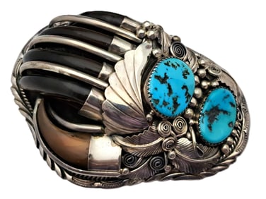 Artist Signed FW Turquoise Native American Sterling Silver Vintage Belt Buckle