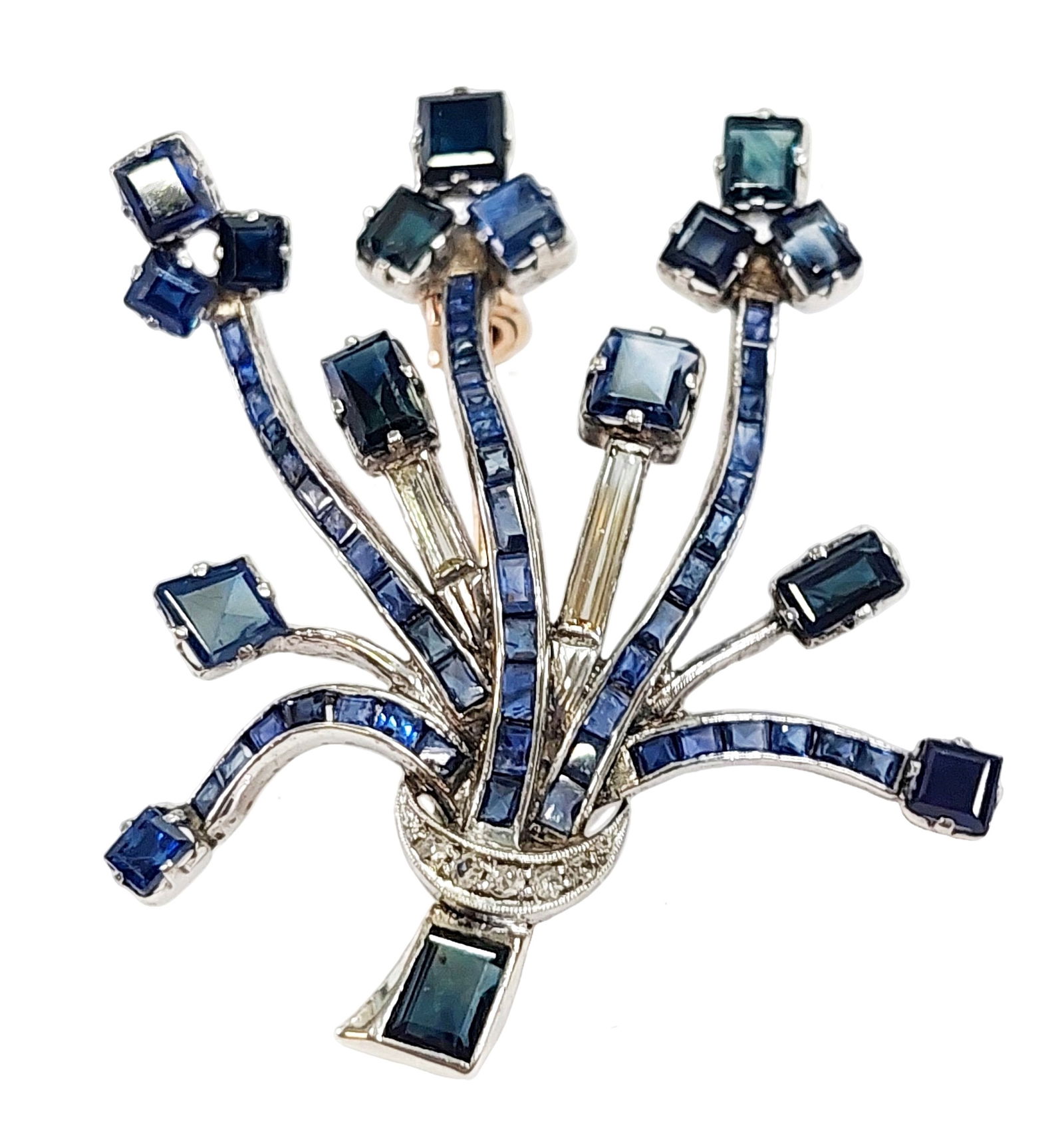 Approx 11.0ctw Natural Sapphire Diamond 14k White Gold Large 1950s Floral Motif Brooch w/ Appraisal (1 of 11)