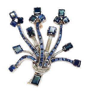 Approx 11.0ctw Natural Sapphire Diamond 14k White Gold Large 1950s Floral Motif Brooch w/ Appraisal: Title: Approx 11.0ctw Natural Sapphire Diamond 14k White Gold Large 1950s Floral Motif Brooch w/ Appraisal  Description: A ca. 1950s 14k white gold floral motif brooch comprised of natural sapphires &
