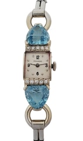 Retro Deco Diamond Huge Aquamarine 14k White Gold Ladies Movado Watch