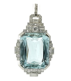 60ct Fine Color Aquamarine Solitaire 2.23ctw Fine Diamond Large Platinum Art Deco Era Pendant