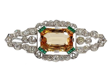 Very Art Deco 19.75ct Precious Topaz 3ctw Old Euro Diamond Natural Emerald Platinum 1930s Brooch