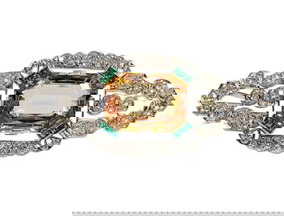 Very Art Deco 19.75ct Precious Topaz 3ctw Old Euro Diamond Natural Emerald Platinum 1930s Brooch: Title: Very Art Deco 19.75ct Precious Topaz 3ctw Old Euro Diamond Fine Natural Emerald Platinum 1930s Brooch Clip Description: A genuine Art Deco era treasure here with this magnificent platinum