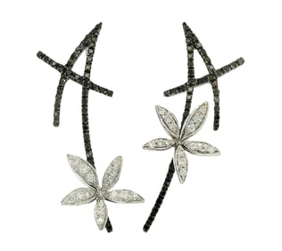 Designer Stefan Hafner 1.20ctw Black & White Diamond 18k White Gold Floral Motif Earrings