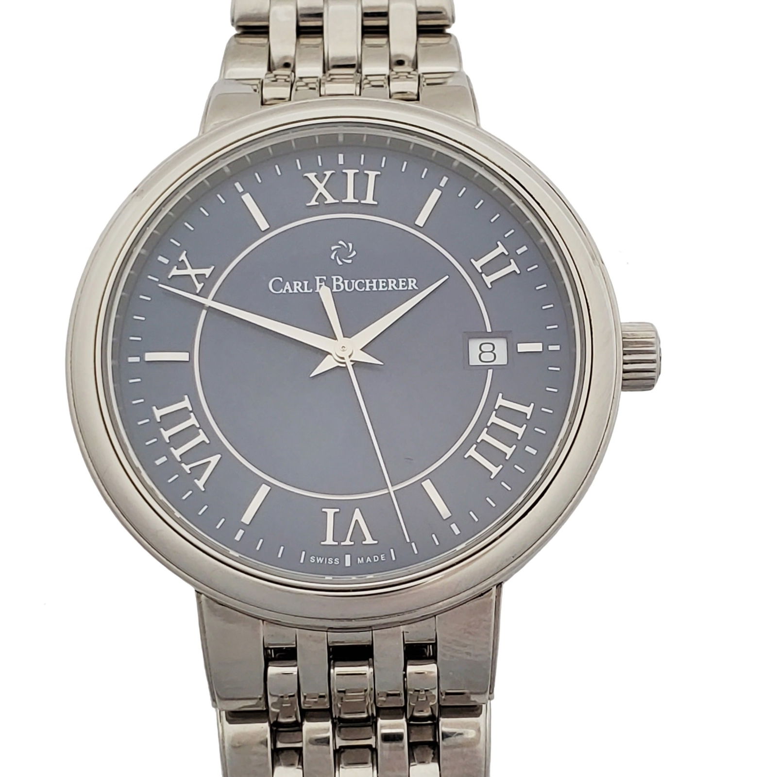 Carl F Bucherer Adamavi NOS 10314.08 Automatic Blue Roman Dial Mens Wrist Watch Box: Described By:Michelle NEED 00.10314.08.15.21 Title:Carl F Bucherer Adamavi NOS 10314.08 Automatic Blue Roman Dial Mens Wrist Watch Description: Carl F Bucherer Adamavi New Old Stock 10314.08 Automatic