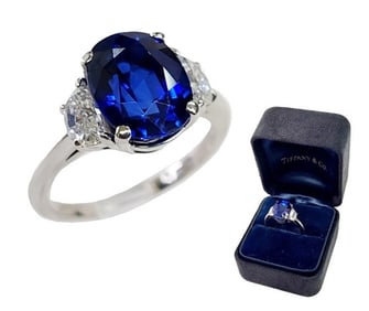 GIA Royal Blue Sapphire Diamond Tiffany & Co. Platinum Ladies Ring w/ Original Box