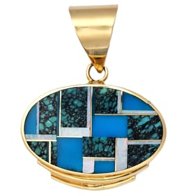 Ray Tracey Knifewing Navajo 14k Gold Signed Native American Opal Turquoise Inlay Pendant