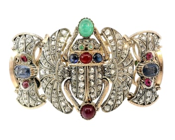 Amazing Egyptian Revival Gold Ruby Sapphire Emerald Rose Cut Diamond Signed Antique Scarab Bracelet