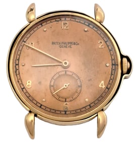 18K Rose Gold 1944 Patek Philippe Fancy Lug Wrist Watch w/ Rare Patent Gold Protector Tropical Dial