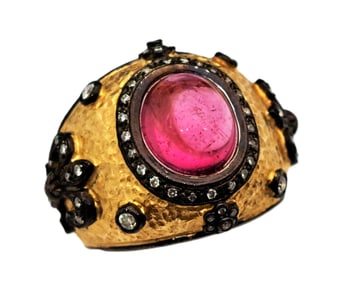 18k Gold Tourmaline Diamond Hand Hammered Heavy Mens Unisex Ring Attributed to Arman Sarkisyan