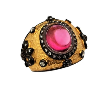 18k Gold Tourmaline Diamond Hand Hammered Heavy Mens Unisex Ring Attributed to Arman Sarkisyan