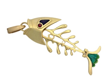 Donald Clafiin Style 18K Gold Enameled Reticulated Fish Italian Pendant For Necklace
