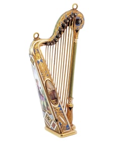 Enamel Gold Diamond 12 String Miniature Harp Sene & Detalla Geneva 1790s Music Box Pendant W/Key