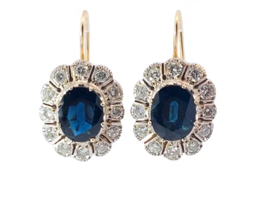Antique Natural Sapphire Platinum Top 14k Gold Diamond Halo Vintage Earrings