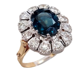 Antique Approx 3.20ct Natural Sapphire Platinum Top 14k Gold Diamond Halo Vintage Ring