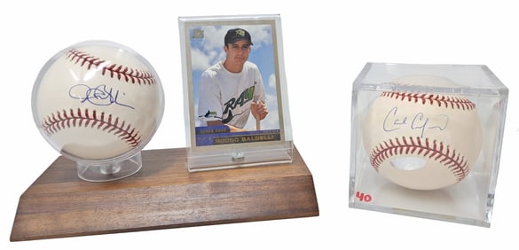 Two Signed Carl Crawford Rocco Baldelli Genuine Autographed Baseballs w/ Topps Card Tampa Bay Rays