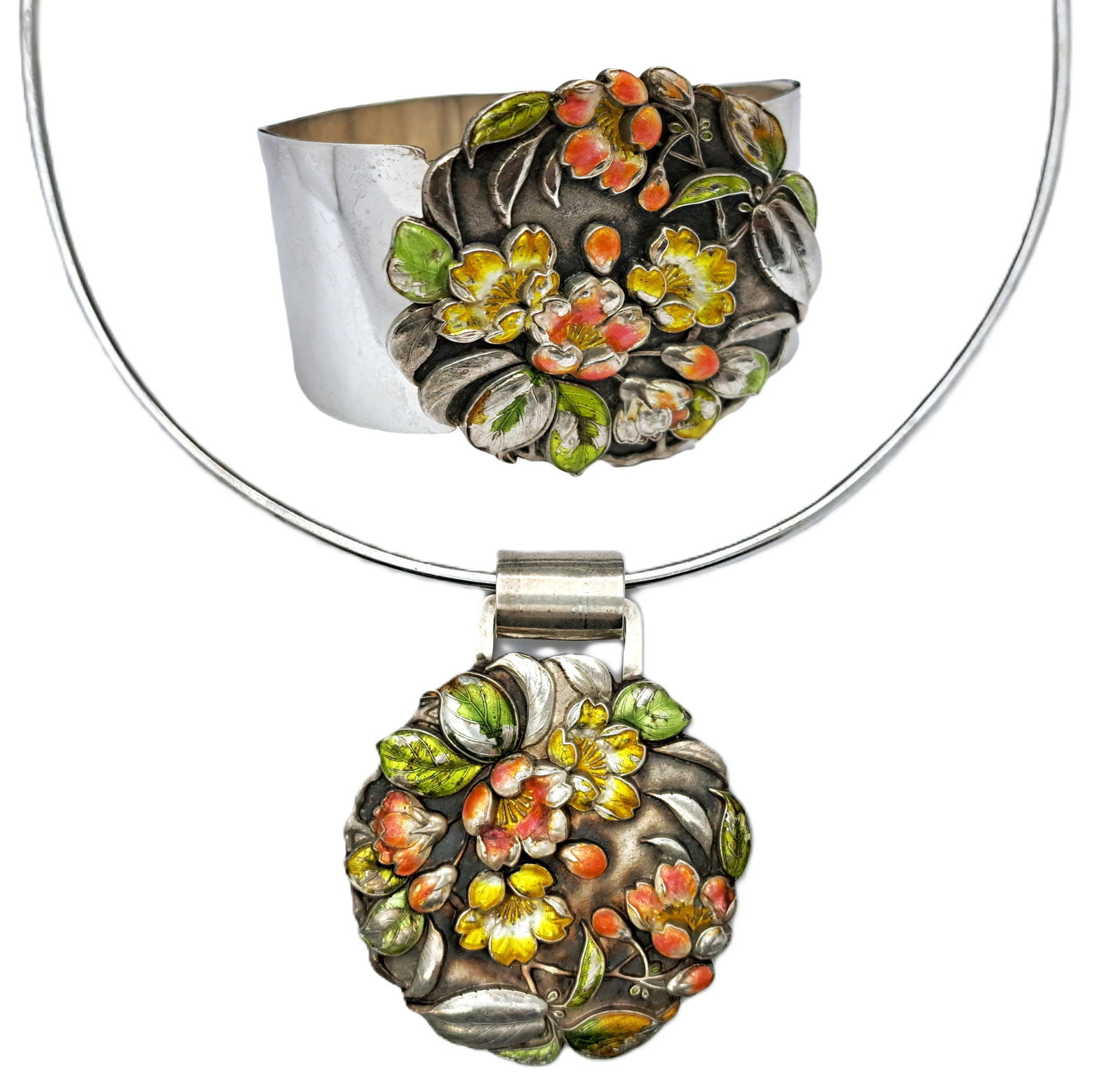 Art Nouveau Japanese Sanju Saku Enamel Sterling Silver Repousse Bracelet Necklace Set (1 of 8)