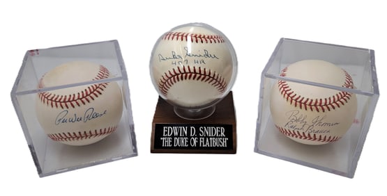 Lot Of Three Brooklyn Dodgers Duke Snider Pee Wee Reese Bobby Thompson Ralph Branca Signed Baseballs