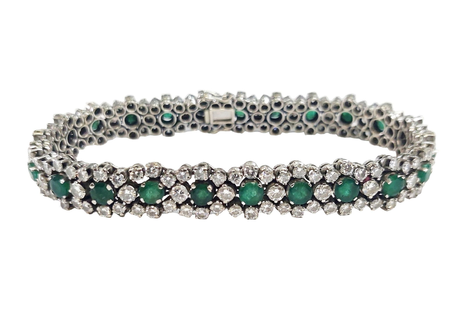 8ctw Fine Diamond 5ctw Natural Emerald Heavy 18k White Gold 1950s Bracelet for Larger Wrist 8.25in: Title: 8ctw Fine Diamond 5ctw Natural Emerald Heavy 18k White Gold 1950s Bracelet for Larger Wrist 8.25in Description: A very well made 18k white gold midcentury bracelet featuring approx. 5ctw of nat