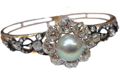 Antique Charles Fontana GIA Natural 10MM Pearl Old Euro Diamond 18K Gold Convertible Bangle