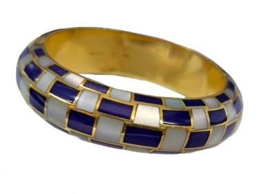 Vintage Tiffany & Co. 18K Gold MOP Lapis Lazuli Inlay Hinged Bangle Bracelet