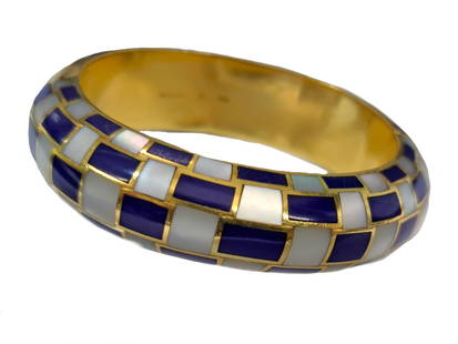 Vintage Tiffany & Co. 18K Gold MOP Lapis Lazuli Inlay Hinged Bangle Bracelet: Described & Photographed By: Rachel HFA HFA DT66312 NTOED Title: Vintage Tiffany & Co. 18K Gold MOP Lapis Lazuli Inlay Hinged Bangle Bracelet Description:Vintage Tiffany & Co. 18K Gold MOP Lapis L