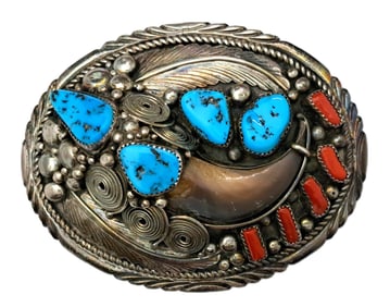 Huge Navajo Handmade Native American Silver Turquoise Coral Belt Buckle Attributed to Jackie Singer