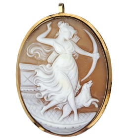 Extraordinary Carved 18k Gold Cameo Antique Dianna or Artemis Greco Roman Goddess of Hunt w Dog 1890