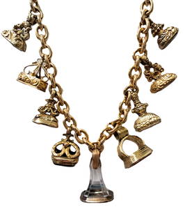 Heavy Unusual Wax Seal Intaglio Pocket Watch Fob 14K Gold 162G Charm Necklace: Described & Photographed By: Rachel CNX 0262 0656 Title: Heavy Unusual Wax Seal Pocket Watch Fob 14K Gold 162G Charm Necklace Description:This amazing collection of antique watch fobs turned necklace,