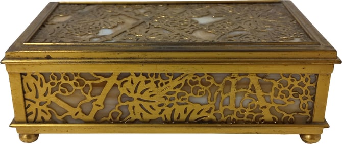 Antique Tiffany Studios Gilt Bronze Grapevine Slag Glass Footed Dore Box with Hinged Lid Signed HG 8