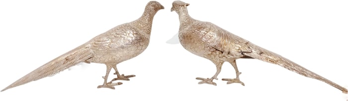 Pair Of English Hallmarked Sterling Silver Pheasants Game Hunting Male Female Antique 34OZT