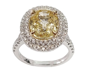 Delicious 5.73ct Natural Yellow Sapphire 18k White Gold Fine White Diamond Double Halo Ring