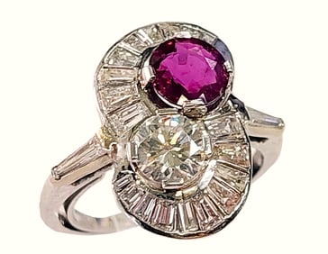 Spectacular Red Natural Ruby Fine Diamond White Gold Midcentury Figure 8 Swirl Ring