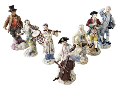 Group of 7 Antique Meissen Germany Porcelain Figures Musicians Music Numbered Signed 5-6in