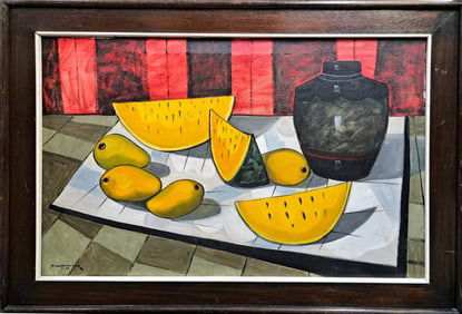Paco Gorospe 1968 Filipino Artist Still Life Fruit Vase Oil On Canvas Painting