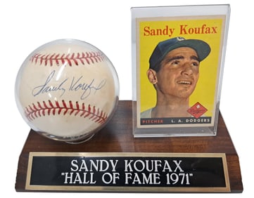 Genuine Sandy Koufax Signed Baseball & Los Angeles Dodgers 1958 Topps Series 1 #187 Card w/ COA