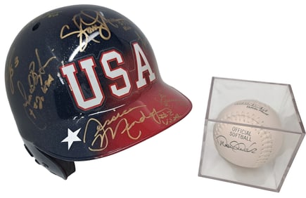 Genuine Derek Jeter Signed Softball  w/ 2004 USA Olympic Softball Team Signed Helmet