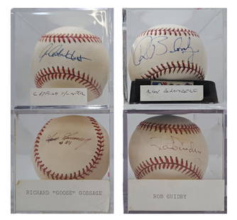 New York Yankees Catfish Hunter Ron Blomberg Goose Gossage Ron Guidry Lot Of Four Signed Baseballs: Described By:Dillon CNX 0259 0708 Title:New York Yankees Catfish Hunter Ron Blomberg Goose Gossage Ron Guidry Lot Of Four Signed Baseballs Description: Lot of Four New York Yankees signed by the