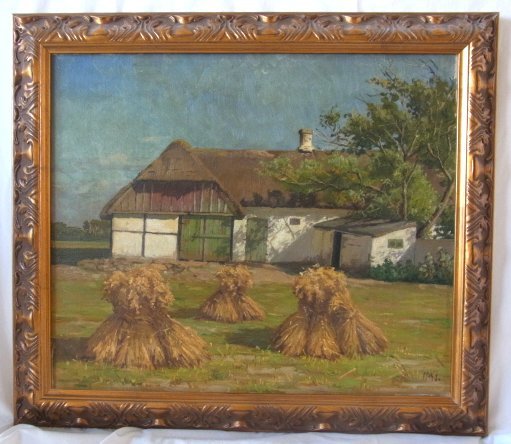 Marius Nielsen Signed Danish Haystacks Farmyard Barn La: Marius Nielsen Signed Danish Haystacks Farmyard Barn Landscape Painting Oil 1 of 46 European Artworks Chicago NY Designer Estate This is one of forty six original period European oil paintings by well