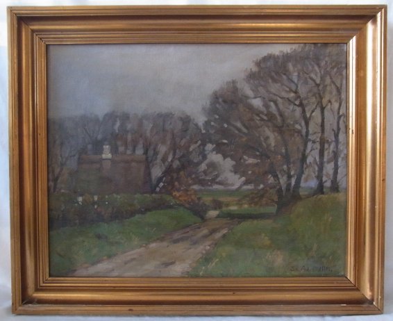 Svend Aage MOLLER signed European Country Roadway Cotta: Svend Aage MOLLER signed European Country Roadway Cottage Landscape Painting Oil 1 of 46 European Artworks Chicago NY Designer Estate This is one of forty six original period European oil paintings by