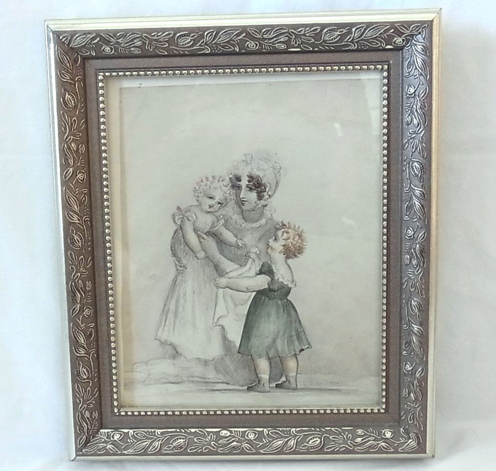 George MORLAND 1791 British Antique Pencil Drawing with: George MORLAND 1791 British Antique Pencil Drawing with Watercolor Painting Mother and Child Subject with Two Children Hess Fine Auctions is pleased to offer this charming depiction of a mother with t