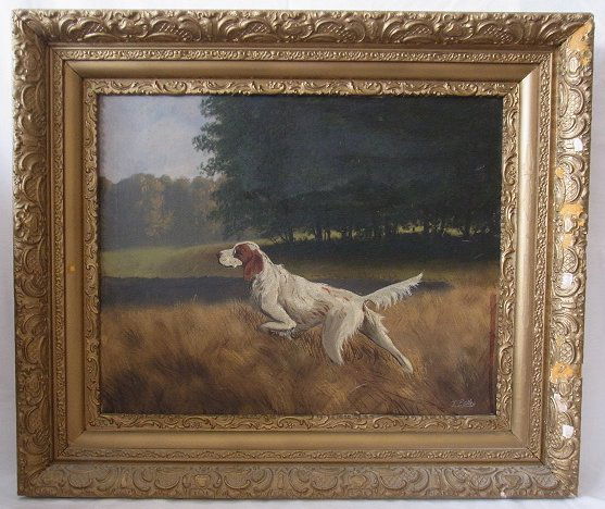 Thomas BAILEY 20th Century English Setter on Po: Thomas BAILEY 20th Century English Setter on Point Hunting Dog in Field Landscape Animal Portrait Oil Painting Signed Hess Fine Auctions is pleased to offer this exceptional animalist portrait of an E