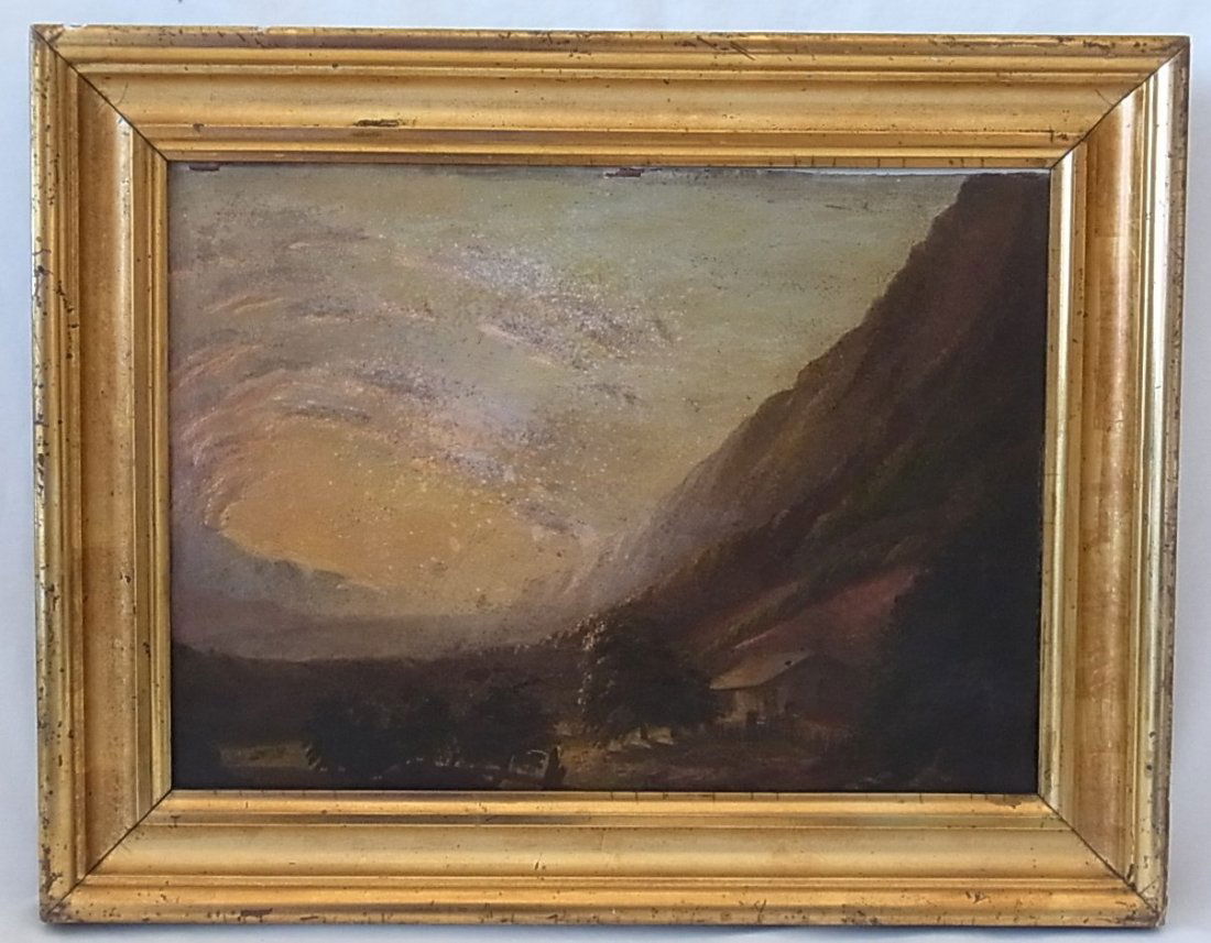 Dynamic 1870 Luminous Landscape Mountains Cabin Signed: Dynamic 1870 Luminous Landscape Mountains Cabin Signed Inscribed Verso Oil Painting Hess Fine Auctions is pleased to offer this luminous antique inscribed painting depicting a cabin nestled on the sid