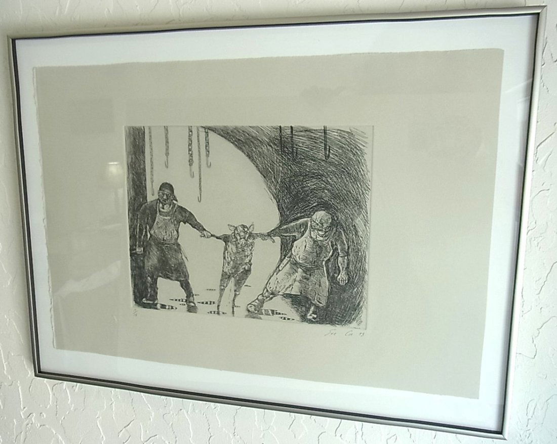 Original Sue COE British Artist Illustrator Printmaker: Original Sue COE British Artist Illustrator Printmaker Limited Edition Etching Slaughterhouse Image Cruelty to Animals Subject 1993 Provenance: Estate Collection of late American artist and Universit