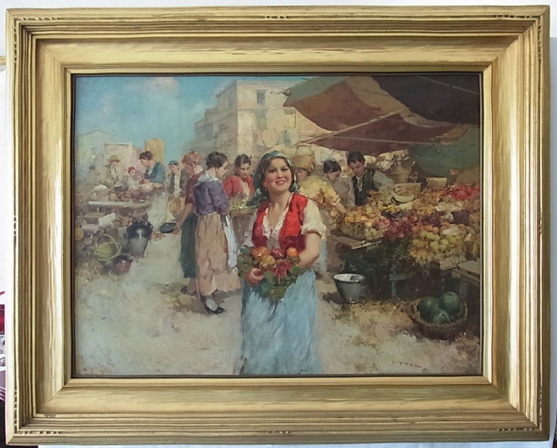 19C Guissepe PITTO Impressionist Italian Vegetable Mark: 19C Guissepe PITTO Impressionist Italian Vegetable Market Scene Oil on Canvas within American Carved Corner Arts & Crafts Irving Wiles Newcomb-Macklin Company Frame Hess Fine Auctions is pleased to of
