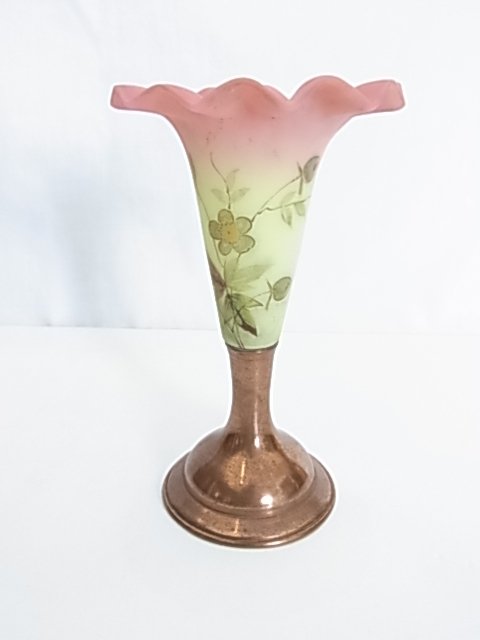 19th Century Satin Bristol Art Glass Floral Form Bud Va: 19th Century Satin Bristol Art Glass Floral Form Bud Vase With Hand-painted Flowers And Copper Base Approx. Dimensions or Size: Height: 6”, Diameter: 2.8” Hess Fine Auctions Shipping: We offer i