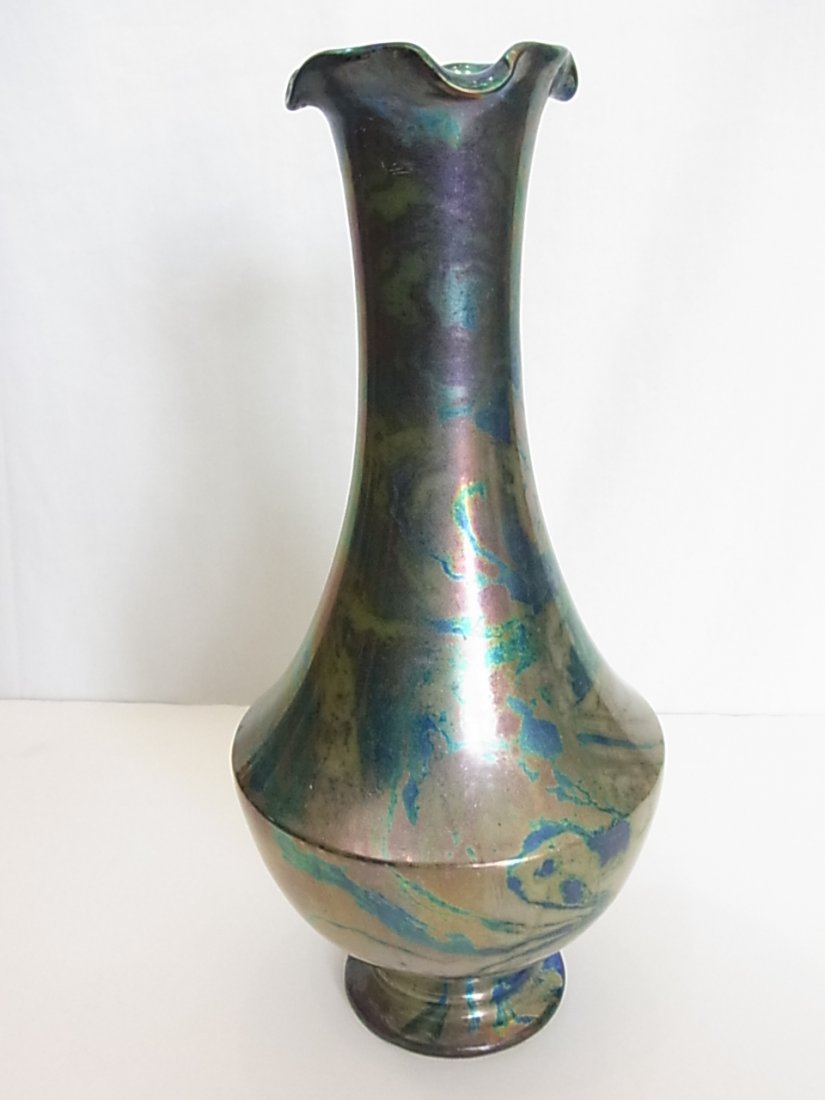 Zsolnay Hungarian Art Pottery Fluted Vase With Ruffled: Zsolnay Hungarian Art Pottery Fluted Vase With Ruffled Rim 6206 Eosin Or Labrador Glaze Iridescent Finish From Mid-Century Approx. Dimensions or Size: Height: 12”, Diameter: 5.5” Hess Fine Auction